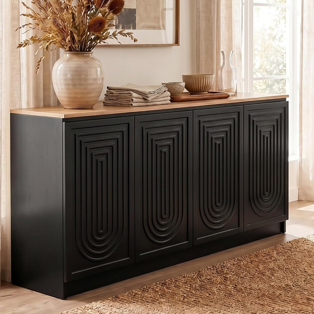 Gyfimoie 63" Fluted Sideboard Buffet Cabinet with Storage, Modern Credenza with Adjustable Shelves, Wood Accent Cabinet with 4 Doors, Dining Room Buffet Cabinet for Kitchen Living Room Entryway, Black