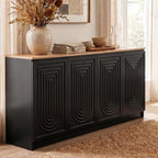 Gyfimoie 63" Fluted Sideboard Buffet Cabinet with Storage, Modern Credenza with Adjustable Shelves, Wood Accent Cabinet with 4 Doors, Dining Room Buffet Cabinet for Kitchen Living Room Entryway, Black