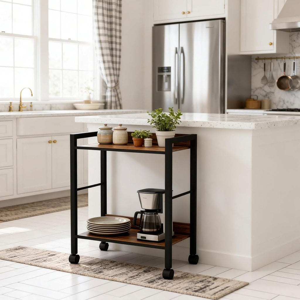 Rolling Side Table & Nightstand, 2-Tier Industrial End Table with Wood Shelves on Wheels, Mobile Sofa Table, Rustic Walnut Small Storage Cart for Living Room, Bedroom, Office.Brown