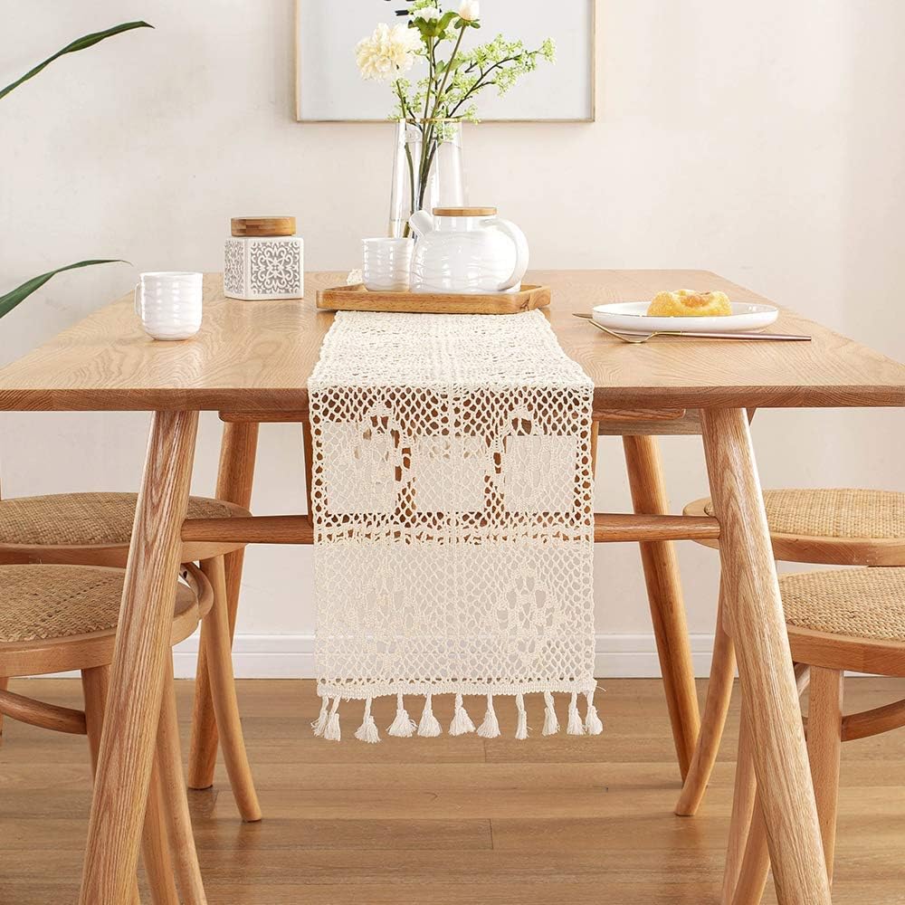 Crochet Macrame Beige Boho Table Runner in 87 inches with Tufted Tassel Handmade Vintage Floral Wedding Lace Table Runner Bohemian Farmhouse Holiday Home Deco