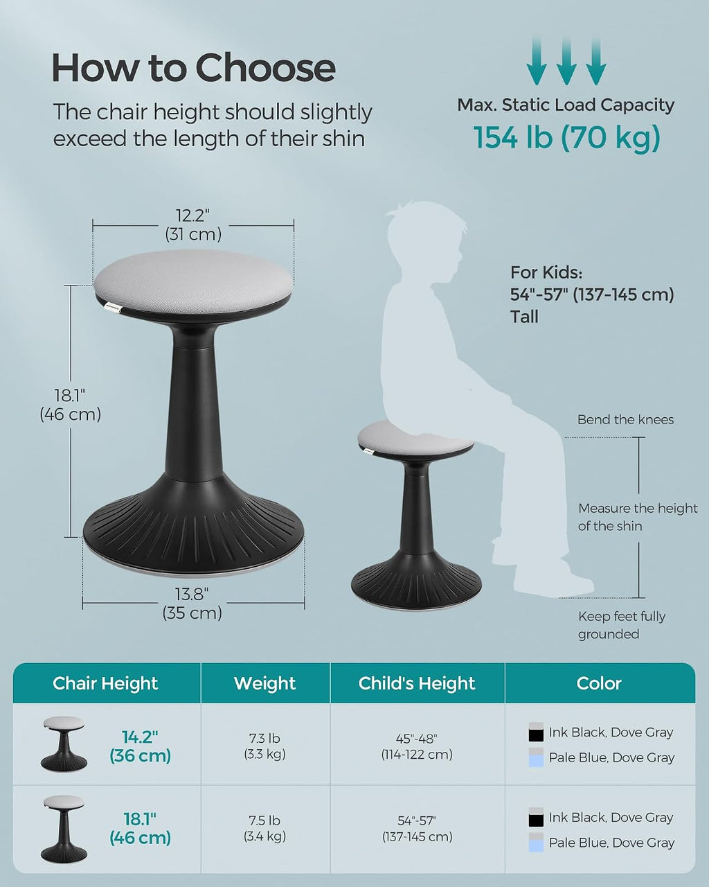 SONGMICS Kids Wobble Chair 6-12Y, Active Sitting Stool with Focus Support, 18.1" Height 154 lb Capacity, Anti-Slip Base Tool-Free Assembly, Ink Black and Dove Gray UOSC010B01