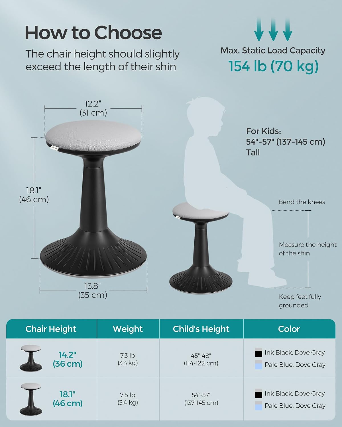 SONGMICS Kids Wobble Chair 6-12Y, Active Sitting Stool with Focus Support, 18.1" Height 154 lb Capacity, Anti-Slip Base Tool-Free Assembly, Ink Black and Dove Gray UOSC010B01