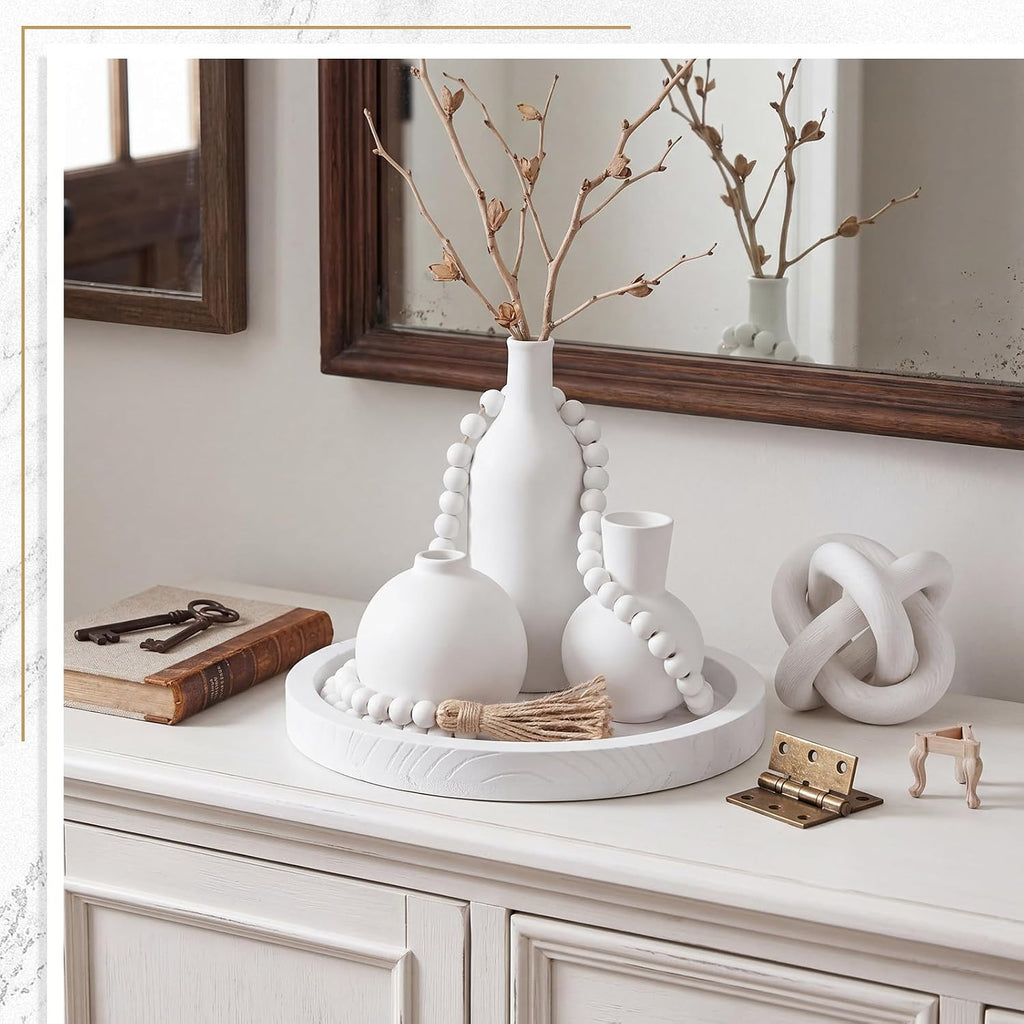 6 Pieces Ceramic Vase Set for Table Centerpieces Decor Include Wood Chain Link Bead Garland Boho Rustic Serving Tray for Home Table Living Room Dining Decoration(White)