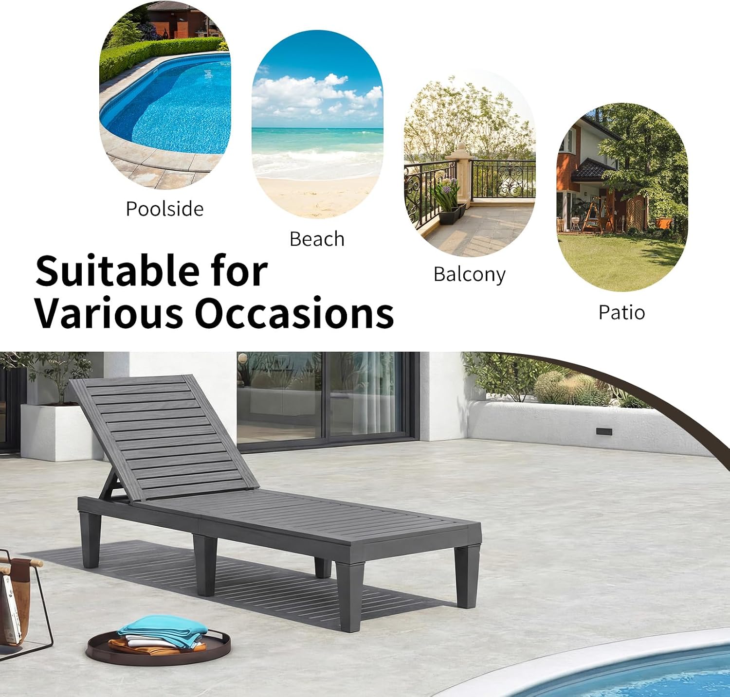 Giantex Lounge Chair, Outdoor Sun Tanning Chair with 5-Position Adjustable Backrest, Lightweight Design, Weather-Proof and Rust-Resistant, Pool Lounger for Patio, Beach, Balcony, Poolside (2, Gray)