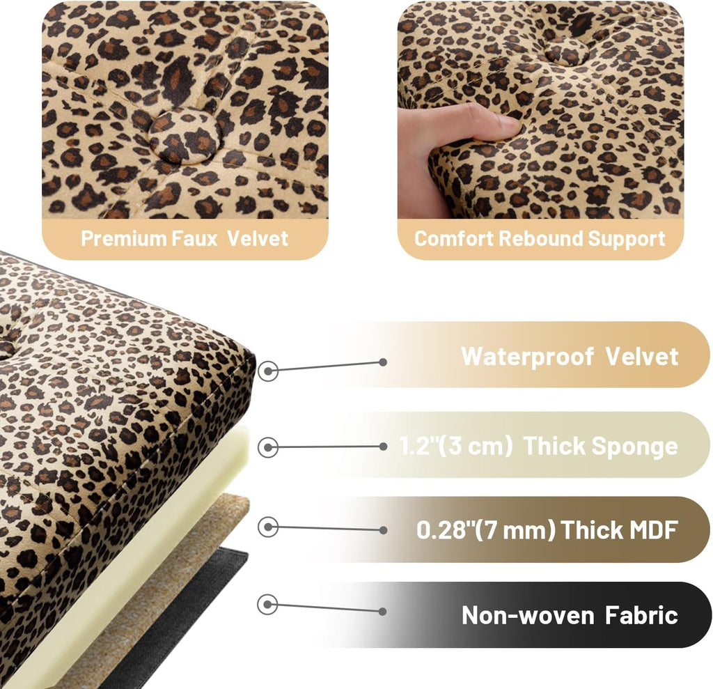 Bsketa Storage Ottoman Bench with Folding Lid Ⅲ, Foot Stools Opens on Both Ends, Footrest Foldable Velvet Chest for Living Room, Bedroom, Entryway, End of Bed Storage Blanket Ottomans Leopard Print