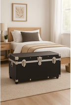 HomeStock Seaside Style Heavy Duty 31" Under Bed College Storage Trunk with Wheels & Lock, Latch Closure Type, 30" L x 8.25" W x 18.25" H, Ideal Camp Dorm Room Trunk Footlocker Black