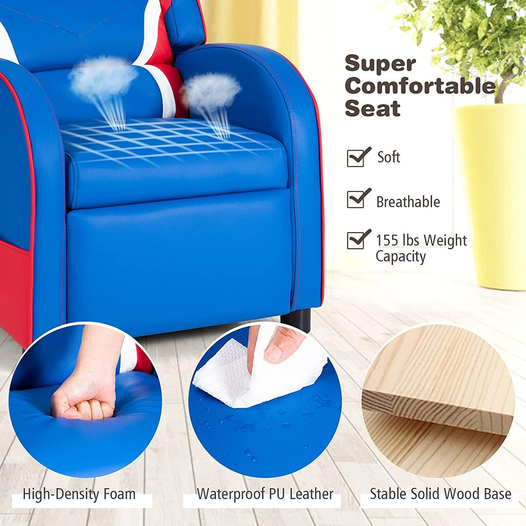 GLACER Kids Recliner, Youth Gaming Recliner w/Headrest, Footrest, Lumbar Support, Side Pockets, Adjustable Recliner Sofa for Kids, Toddler Lounge Chair for Living Room, Gaming Room Boys Girls (Blue)
