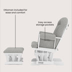 Child Craft Cozy Glider Rocker and Ottoman Set, Smooth Quiet Gliding Motion, Padded Cushion with Convenient Storage Pockets, Solid Wood Base & Frame (Matte White with Gray Cushion)