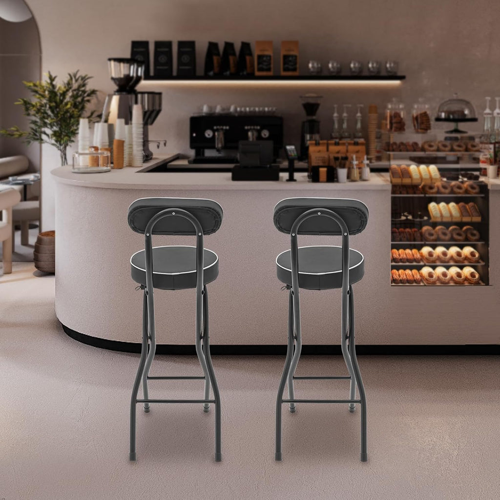 Cushioned Padded Folding Stool, 2PCS Tall Foldable Stools with Backrest, Bar Folding Stool, Portable Collapsible Counter Height Chair for Kitchen Island Shop Cafe Dining (Black)