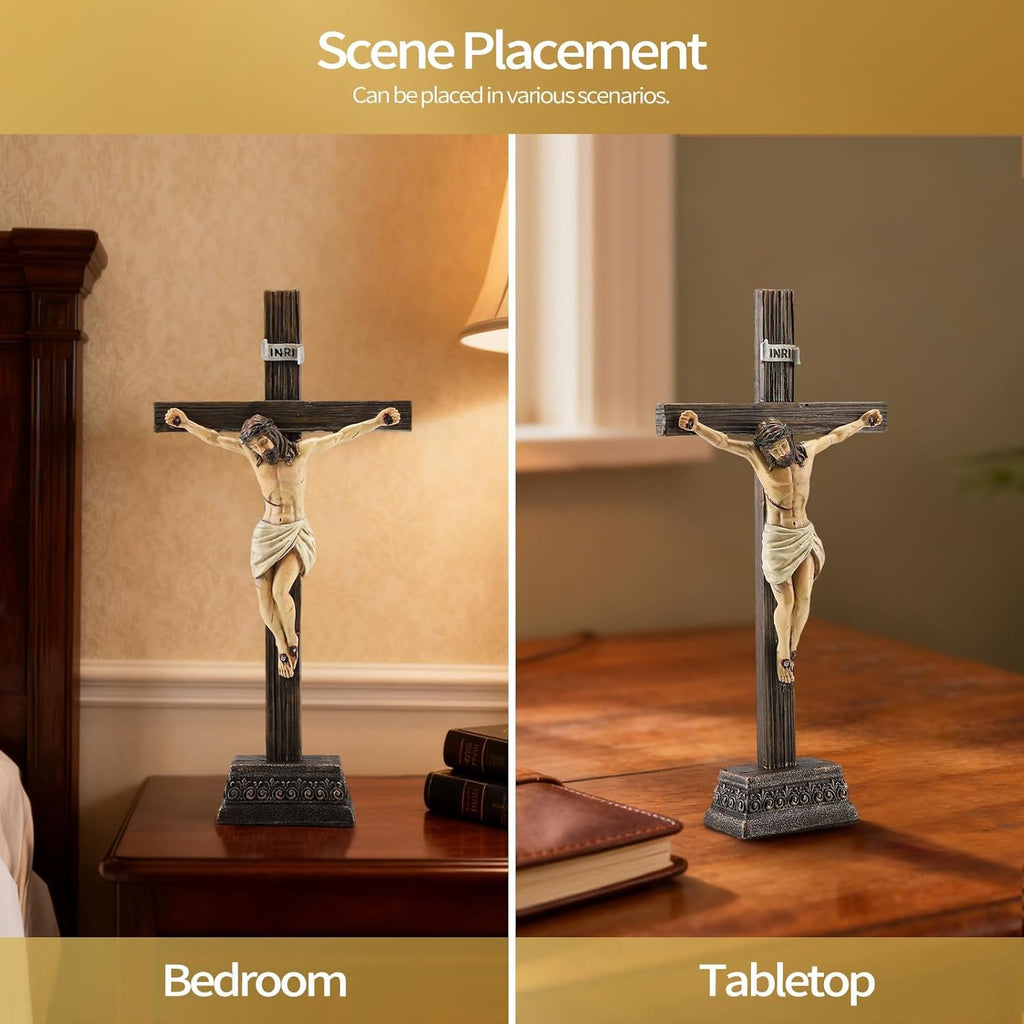 Magicsculp 10.8" H Jesus Crucifix Statue - Resin Standing Wall Cross Decoration, Praying Religious Figurine Jesus Christ Catholic Display, Hanging or Tabletop with Stand for Home Decor
