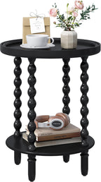 Round Side Table with Storage Shelf, 2 Tier Accent End Table with Spindle Legs, Modern Nightstand Beside Table for Living Room, Bedroom, Office, Black