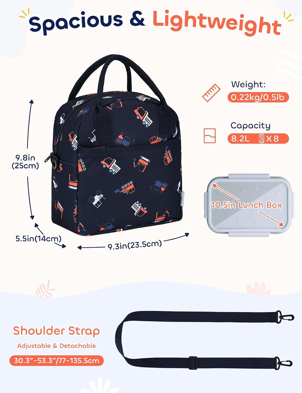 VASCHY Lunch Box Bag for Kids, Insulated Lightweight Lunch Box Tote for Toddler Boys School Daycare Kindergarten Construction Blue