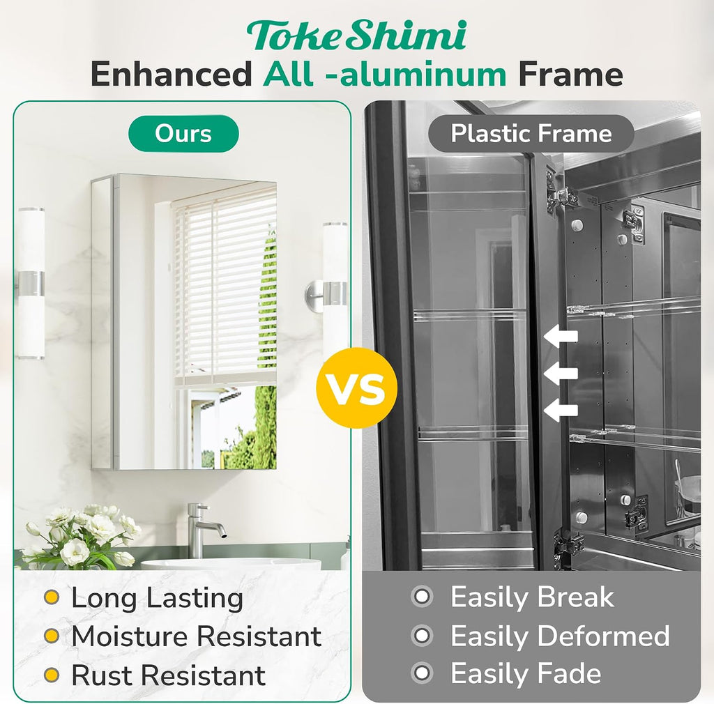 TokeShimi 24x26 Mirrored Medicine Cabinet, Aluminum Recessed Wall Mounted Bathroom Cabinet with Full-Overlay Mirrors