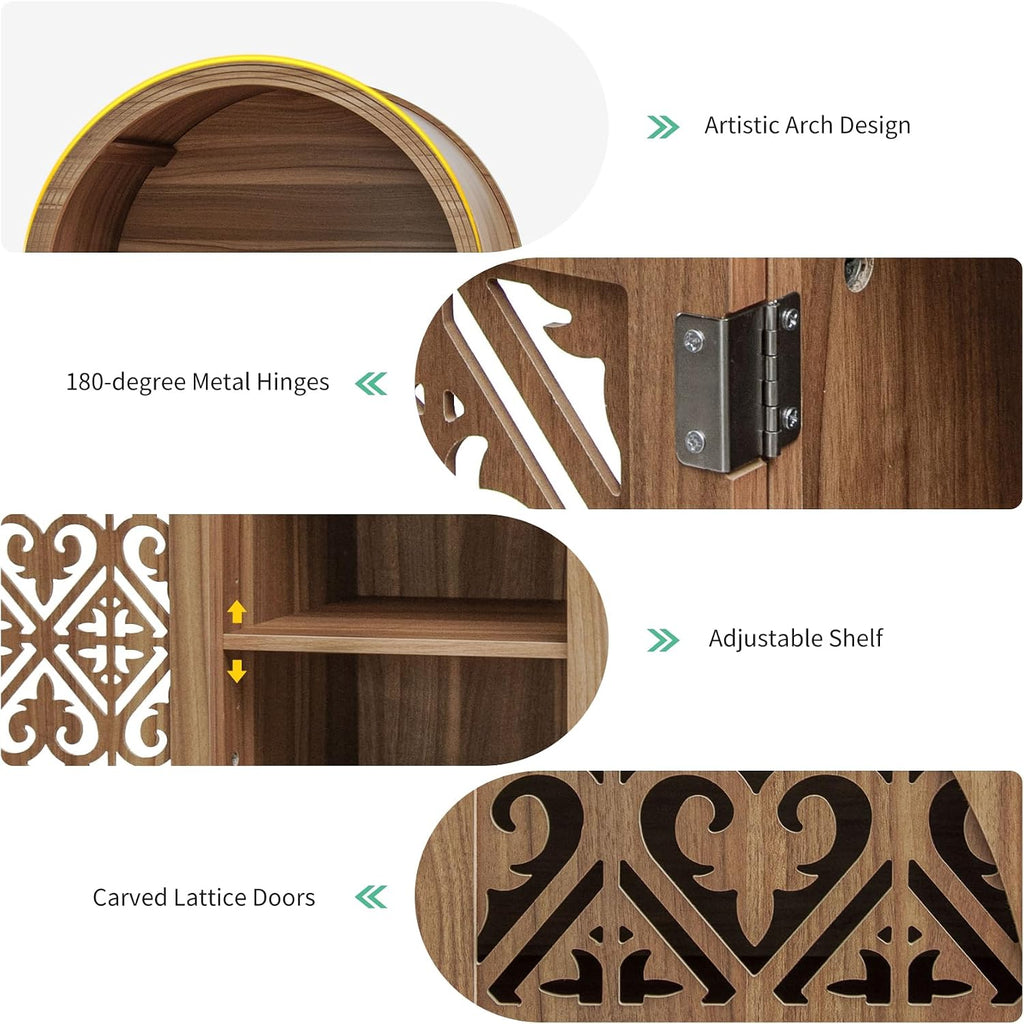 70" Tall Arched Storage Cabinet with 2 Hollow Carved Doors, Boho Kitchen Pantry with 5-Tier Storage Space, Modern Farmhouse Cupboard Bookcase for Living Room, Kitchen, Study, Walnut, 1 PCS