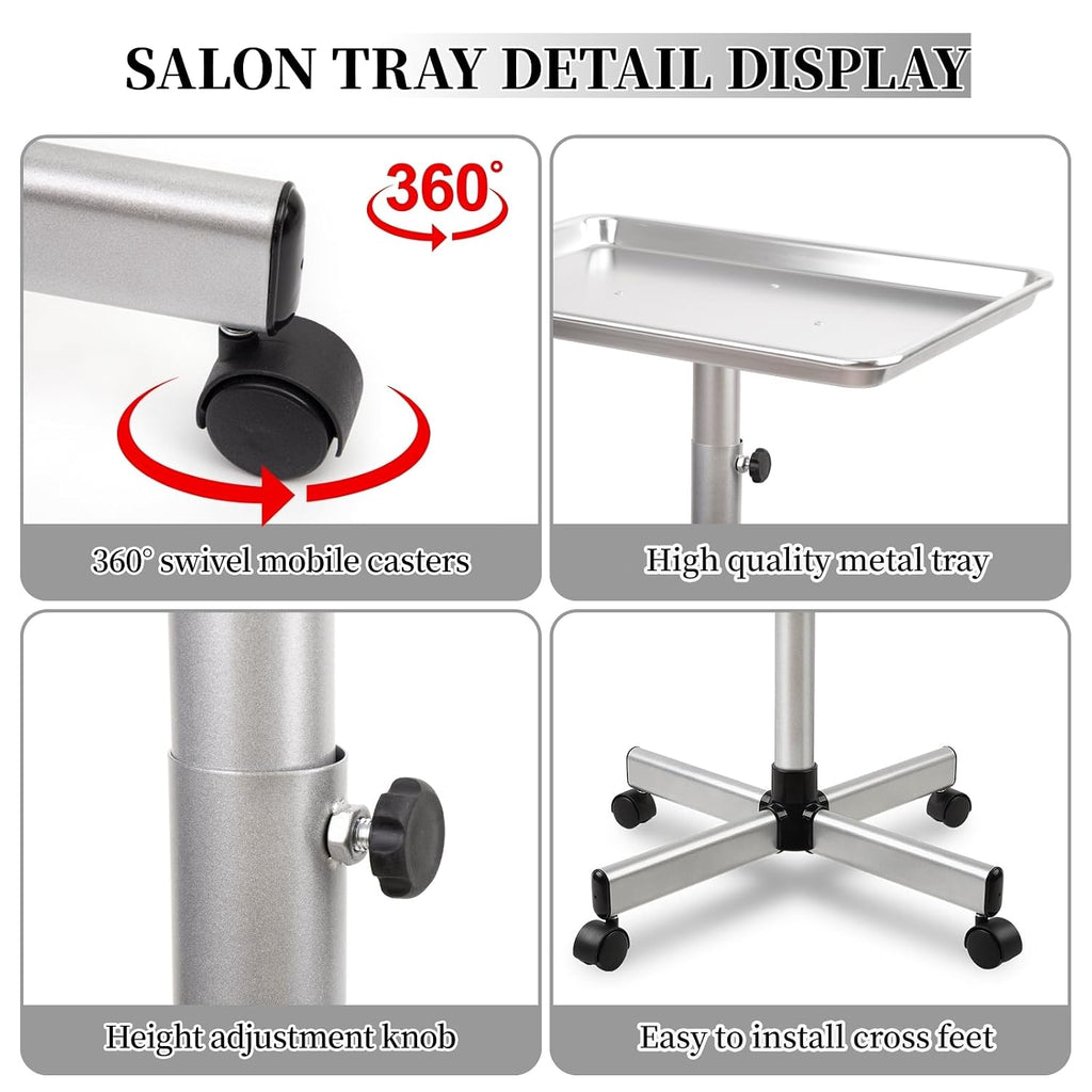 Salon Tray on Wheels, Salon Color Tray with Adjustable Height,Salon Rolling Tray Ideal Use As Metal Mayo Stand Tray,Tattoo Tray, Medical Tray, Dental Tray（Silver）