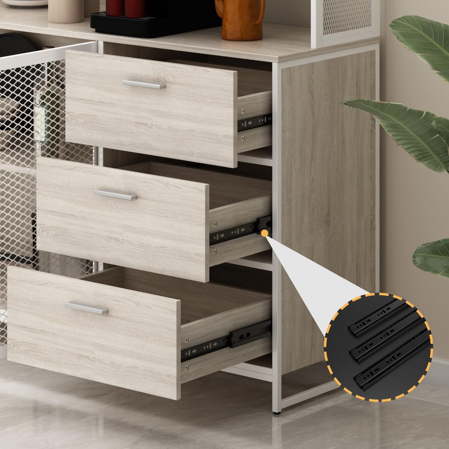 AGOTENI Large Kitchen Hutch Cabinet, Storage Cupboard Pantry with 3 Metal Doors, 3 Drawers & Microwave Shelf, for Kitchen Open Storage, Oak (59" W x 15.7" D x 68.5" H)
