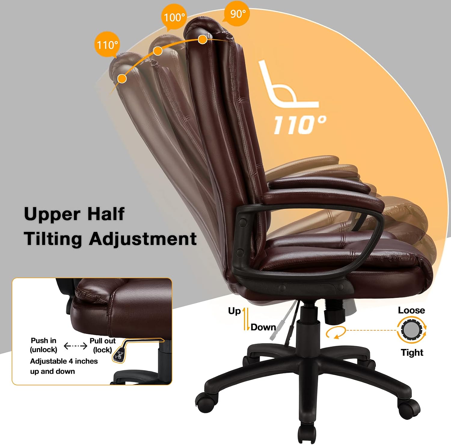 OFIKA Office Chair Computer Desk Chair Gaming - Ergonomic High Back Cushion Lumbar Support with Wheels Comfortable Black Leather Racing Seat Adjustable Swivel Rolling Home Executive (Brown)