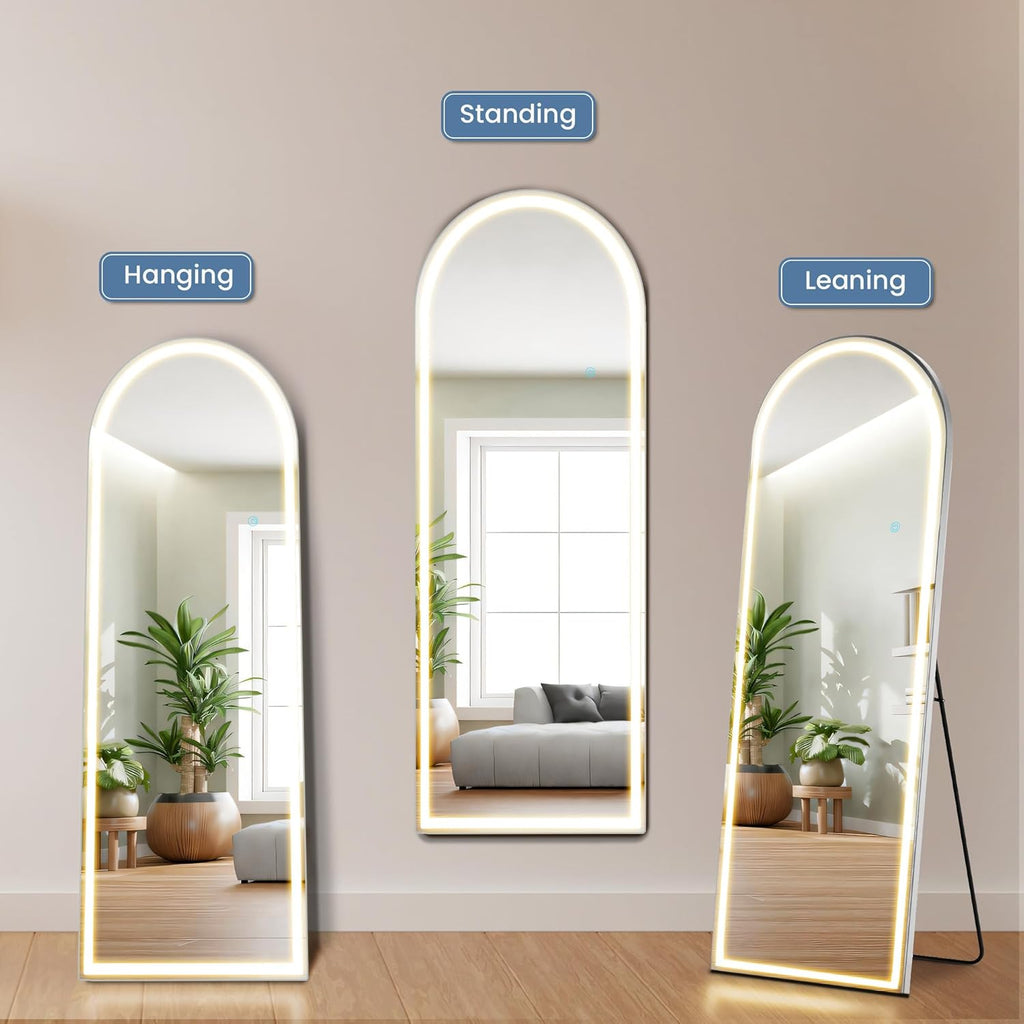 Arched Full Length Mirror with LED Lights, 20"x63" Floor Standing or Wall Mounted Dressing Mirror, 3 Color Lighting Modes for Bedroom, Living Room, Bathroom