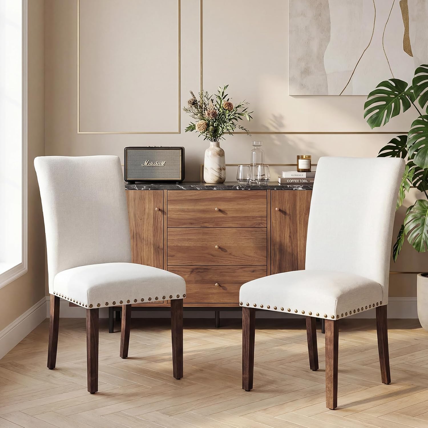 Furniliving Upholstered Dining Chairs Set of 2 - Line Fabric Modern Farmhouse Kitchen Chairs, High-Back Dining Room Chairs with Wooden Legs for Kitchen Dining Room Living Room, Beige
