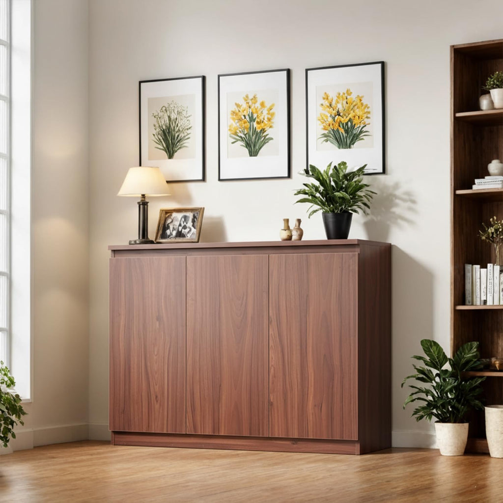 holzart 43" Walnut Brown Buffet Cabinet Sideboard with Storage - Modern 3-Door Wood Grain Kitchen Cupboard & Coffee Bar Station for Dining Room, Living Room - Adjustable Shelf, 43.3" W x 31.5" H