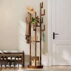 Rotary Coat Rack Freestanding, Solid Wood Coat Tree with 9 Hooks & 3 Storage Shelves for Purse Bag Hat Jacket, Corner Hanger Stand for Entryway Hallway Office Bedroom
