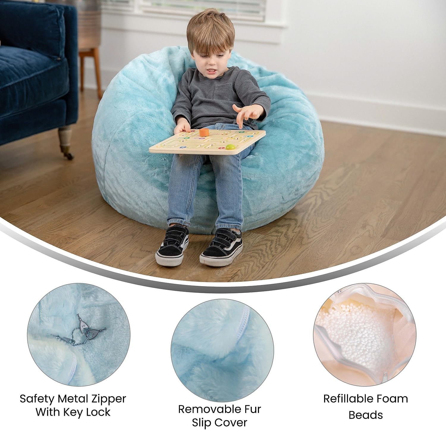 Flash Furniture Dillon Small Teal Furry Bean Bag Chair for Kids and Teens