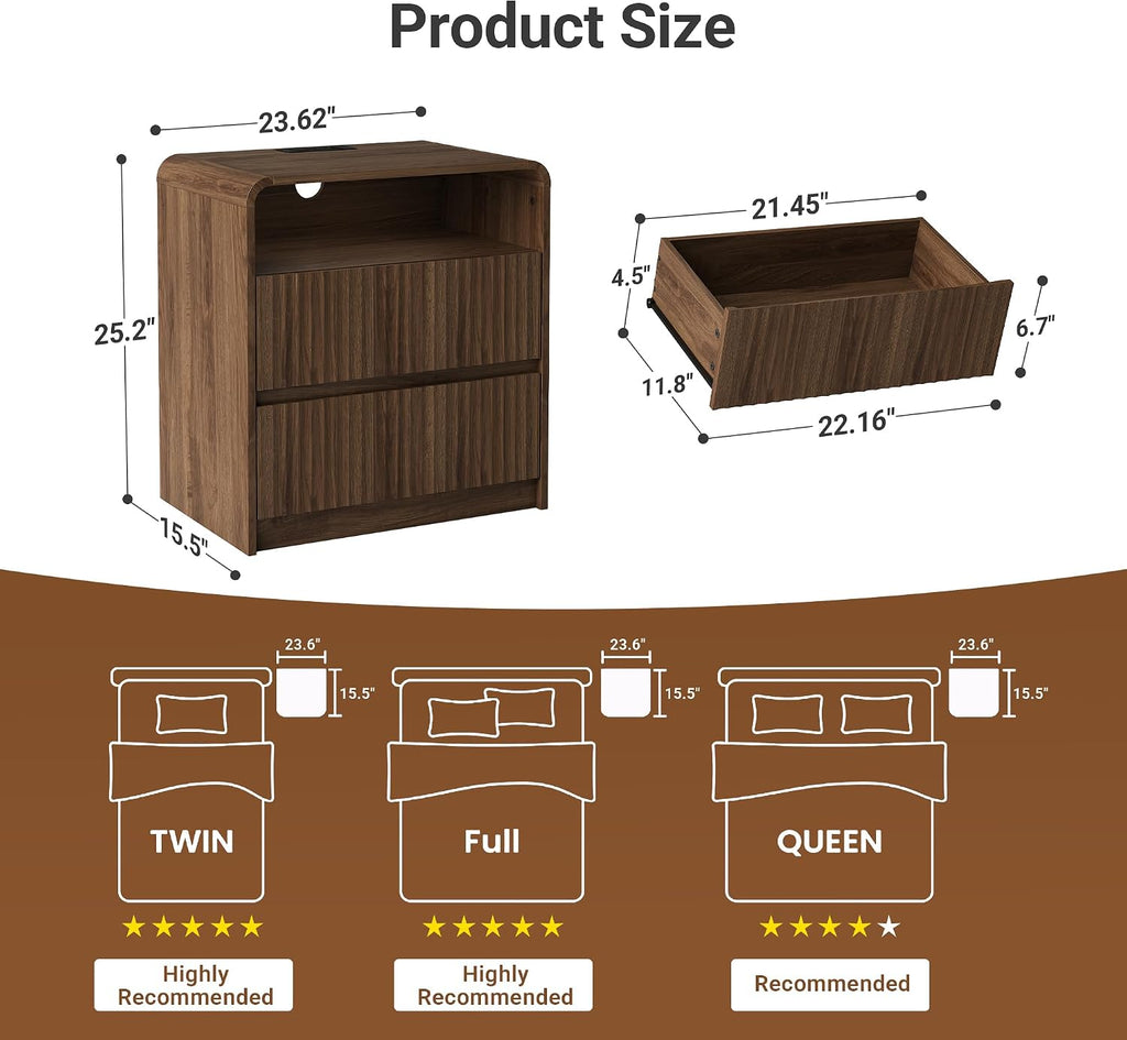 Seang Nightstand Set of 2,Fluted Nightstand with Charging Station & LED Light,Wooden Bedside Table with Curved Profile Design,2 Drawers Storage,Large End Table for Bedroom,Walnut