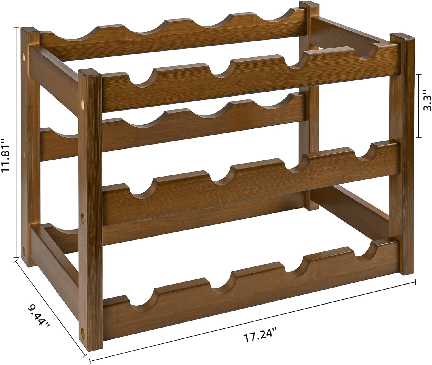 VASMIA Bamboo Wine Rack, Sturdy and Durable Wine Storage Cabinet Shelf, Wine Racks Countertop for Pantry,Kitchen,3-Tier 12 Bottles Wine Rack, Walnut