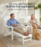 PASAMIC Folding Adirondack Chairs Set of 2 with Retractable Ottoman, 5-Position Adjustable Backrest, HDPE All-Weather Fire Pit Chairs with 2 Hidden Cup Holders, Wood-Look Outdoor Chairs, White