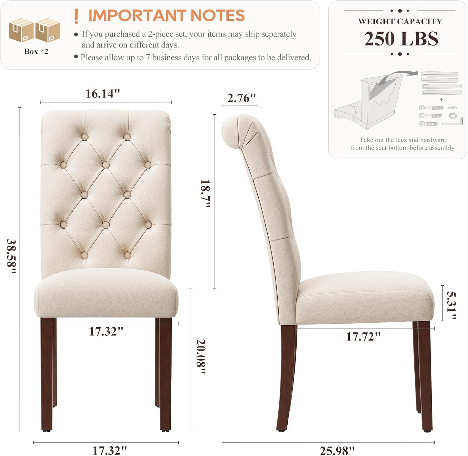 MALOL Upholstered Tufted Dining Room Chairs Set of 4, Parsons Kitchen Chairs with Padded Seat and Solid Wood Legs, Fabric Accent Side Diner Chair for Dining Room/Kitchen/Living Room, Beige