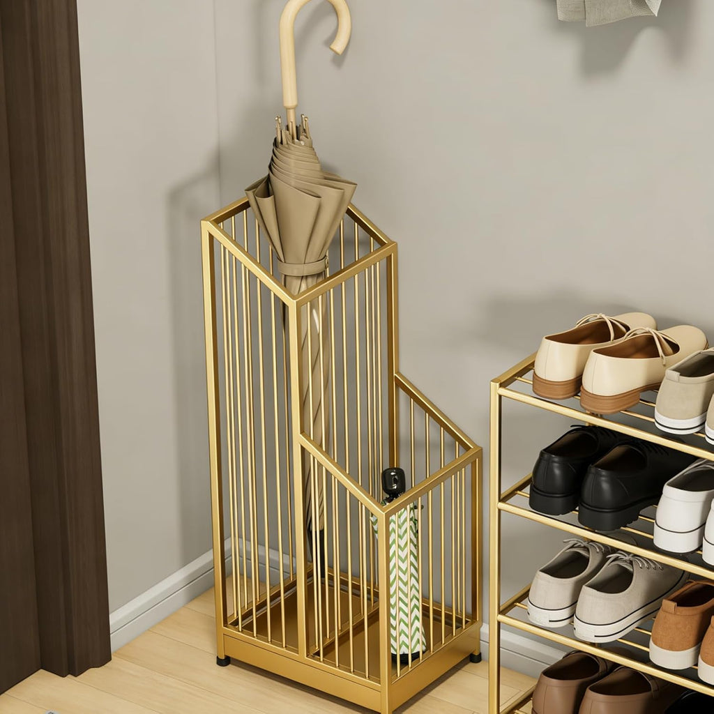 Indoor Gold Umbrella Stand with Drip Tray, Minimalist Luxury Design, Stylish Gold Umbrella Holder for Entryway, Living Room, Hotel, Easy to Clean & Space-Saving