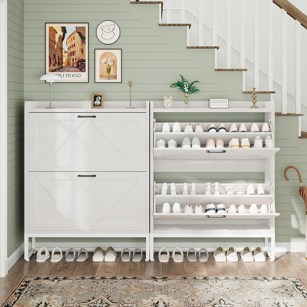 GRUSIGN Shoe Cabinet, Shoe Storage Cabinet with 2 Flip Drawers & Adjustable Shelf, Space-Saving Shoe Organizer – Holds 16+ Pairs, Narrow Shoe Cabinet Storage for Entryway/Hallway（White）
