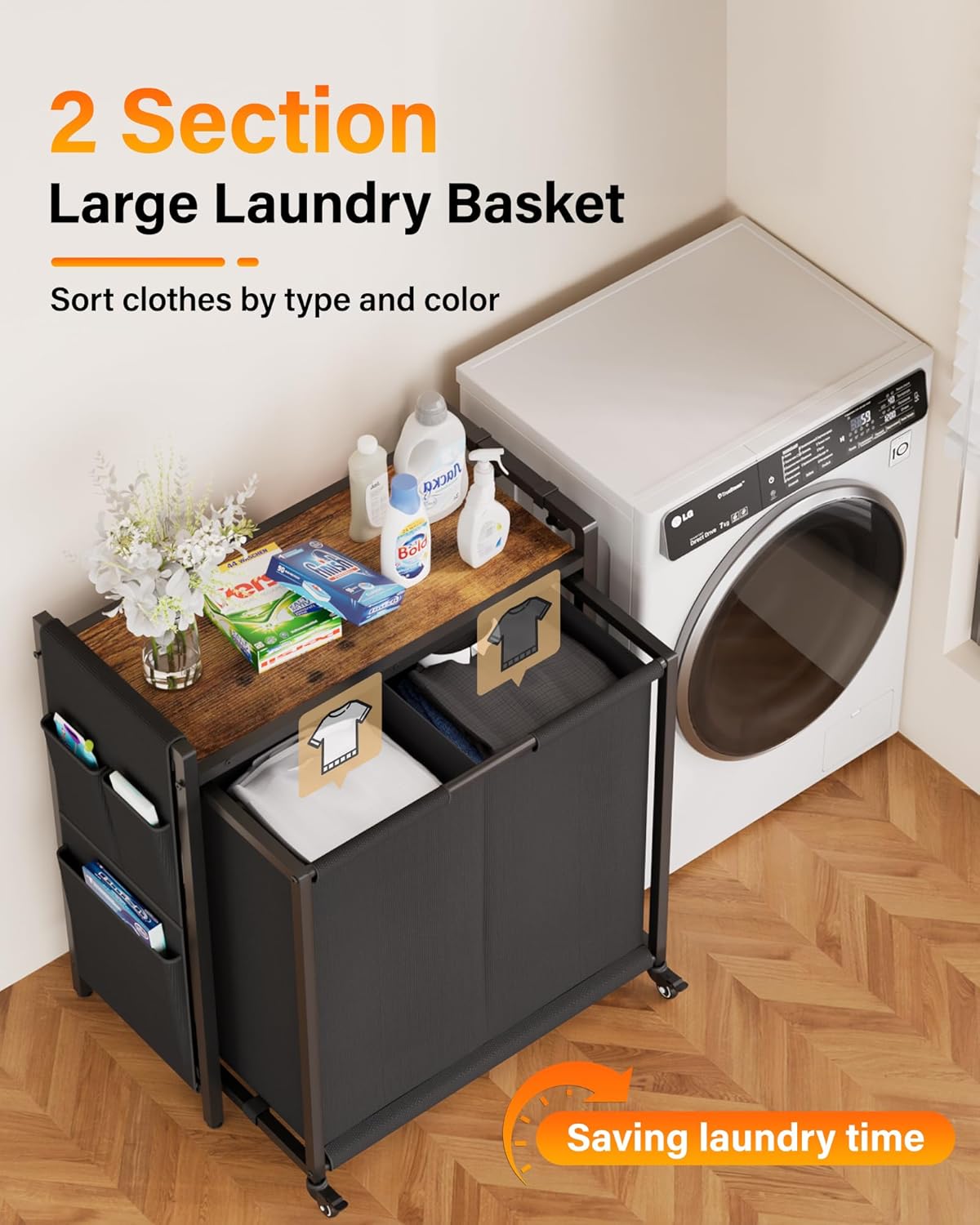 Laundry Hamper 2 Section: Laundry Sorter with Pull-Out Cart - Rolling Laundry Basket Organizer with Shelf and Wheels - Clothes Hamper for Laundry Room Bathroom Bedroom
