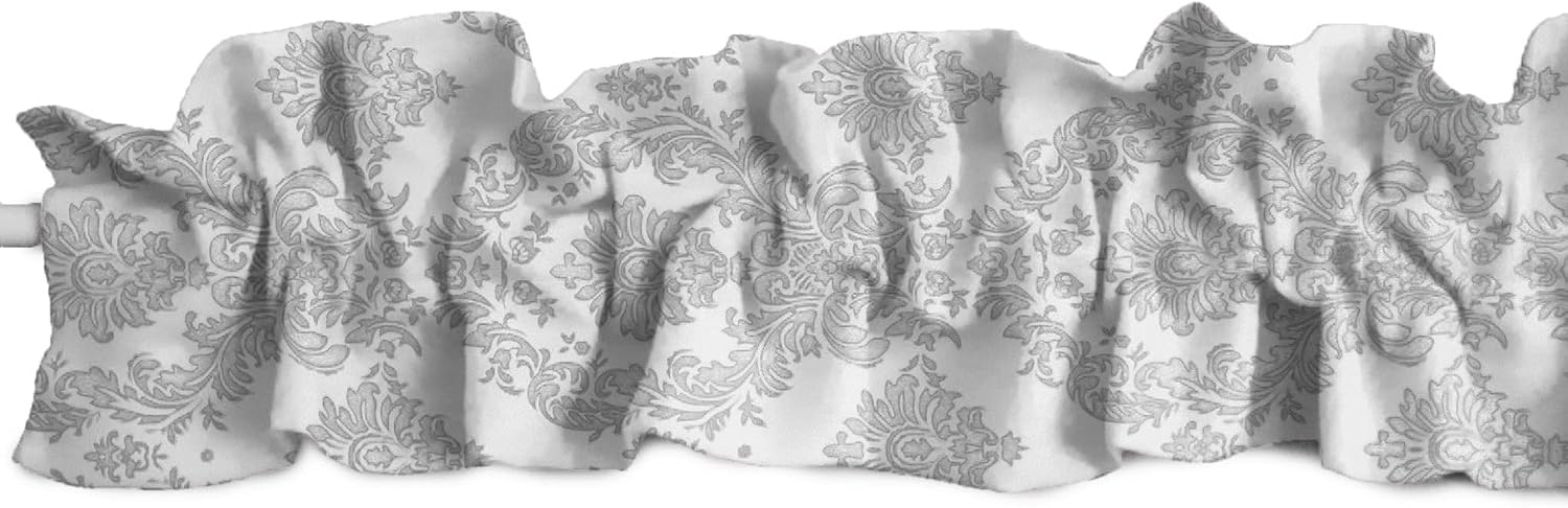 Zen Creative Designs Damask Taffeta Sleeve Topper Window Valance Top Bottom Ruffle Gothic Victorian Home Décor Bedroom Nursery Kitchen Window (120" Wide x 9" Tall, White on White)