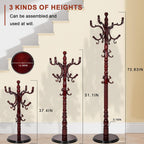 Wooden Coat rack freestanding, Coat racks stand with 14 Hook, Heavy duty coat tree standing 3 Adjustable Heights for Bedroom, Entryway, Hallway, Office,Stury Base (Redwood)