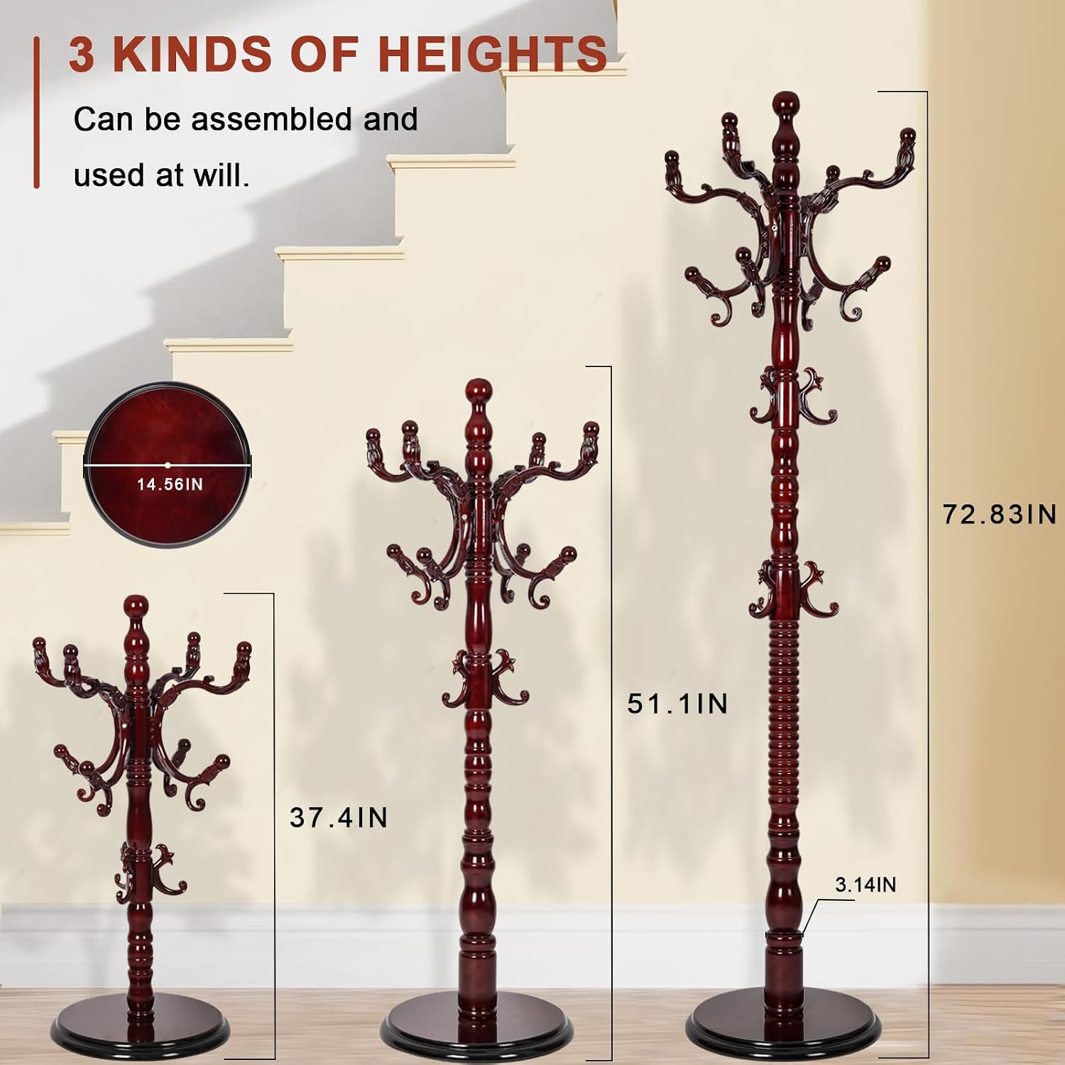 Wooden Coat rack freestanding, Coat racks stand with 14 Hook, Heavy duty coat tree standing 3 Adjustable Heights for Bedroom, Entryway, Hallway, Office,Stury Base (Redwood)