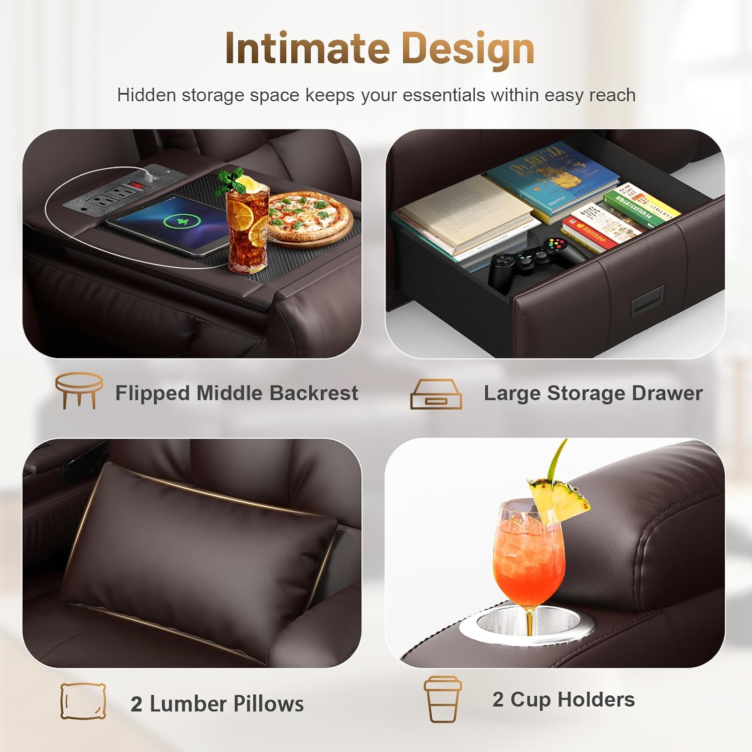 Power Loveseat Recliner Sofa with Massage & Heating, Zero Wall Hugger RV Reclining Couch with Bluetooth Speakers, LED Lights, Pillow, Drawer, USB Charging & Power Outlet for Home Theater & Gaming Room