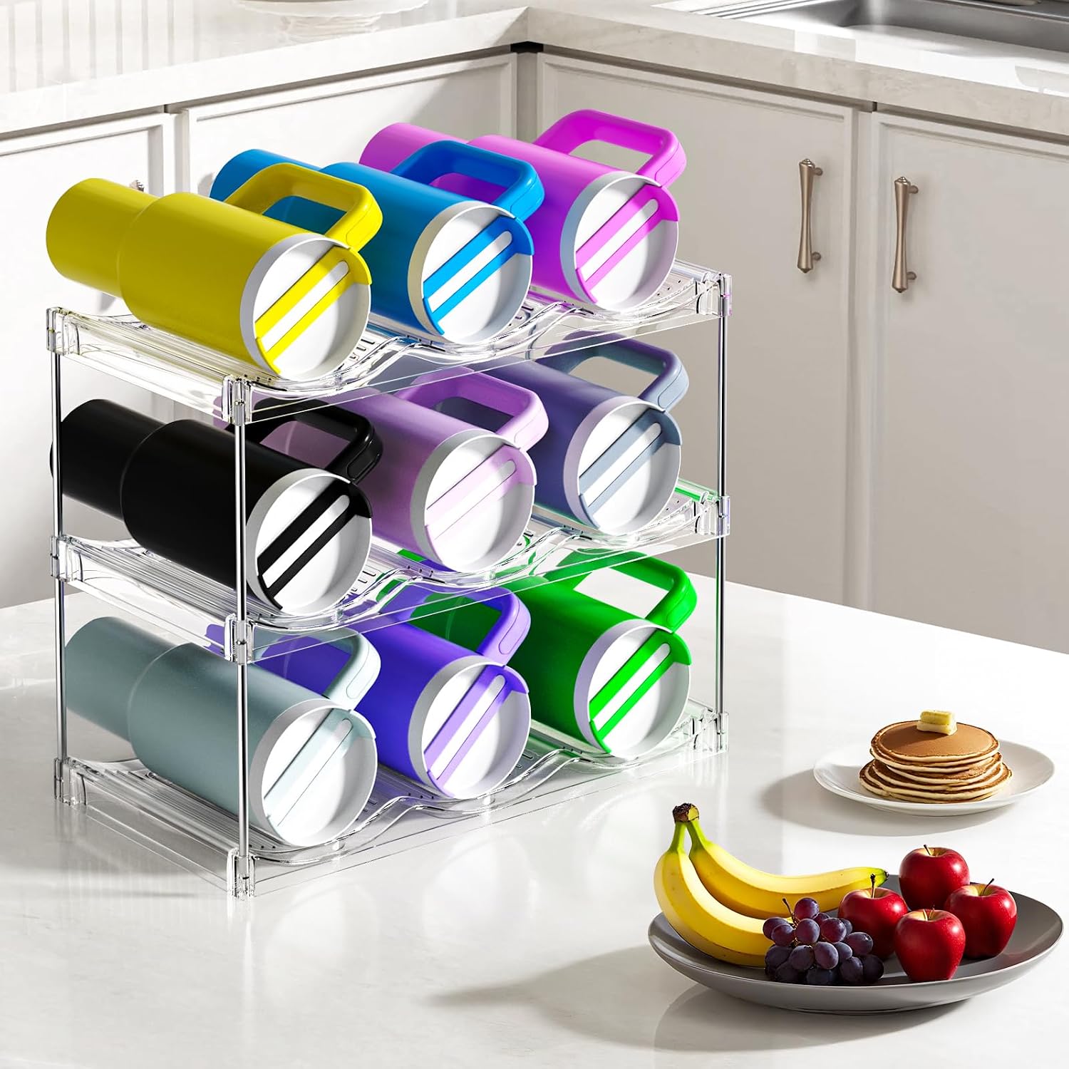 Stackable Water Bottle Organizer for Cabinet, Bottle and Other Tumbler Organizer for Kitchen Cabinets,Clear Stackable Water Bottle Holder and Wine Rack