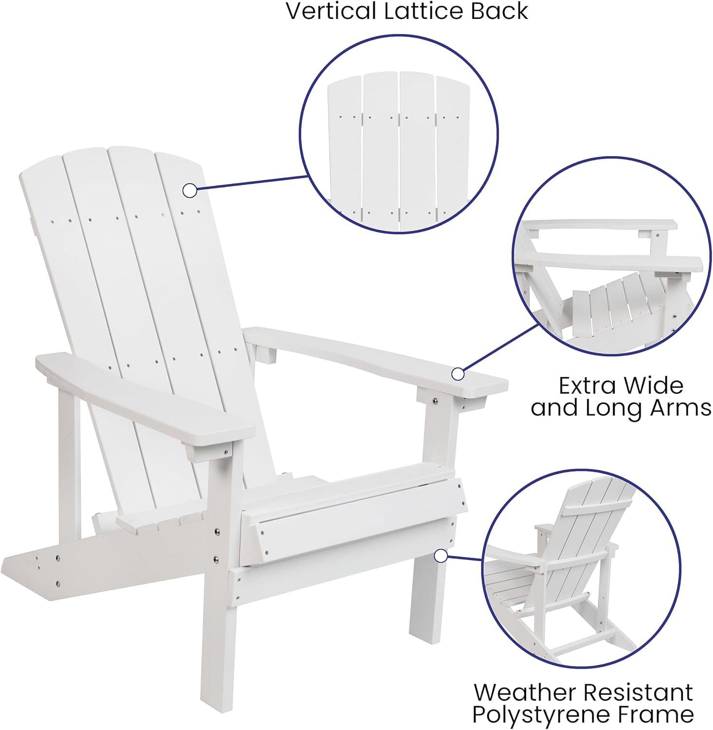 Flash Furniture Charlestown Poly Resin Adirondack Chair - White - All Weather - Indoor/Outdoor - Set of 2