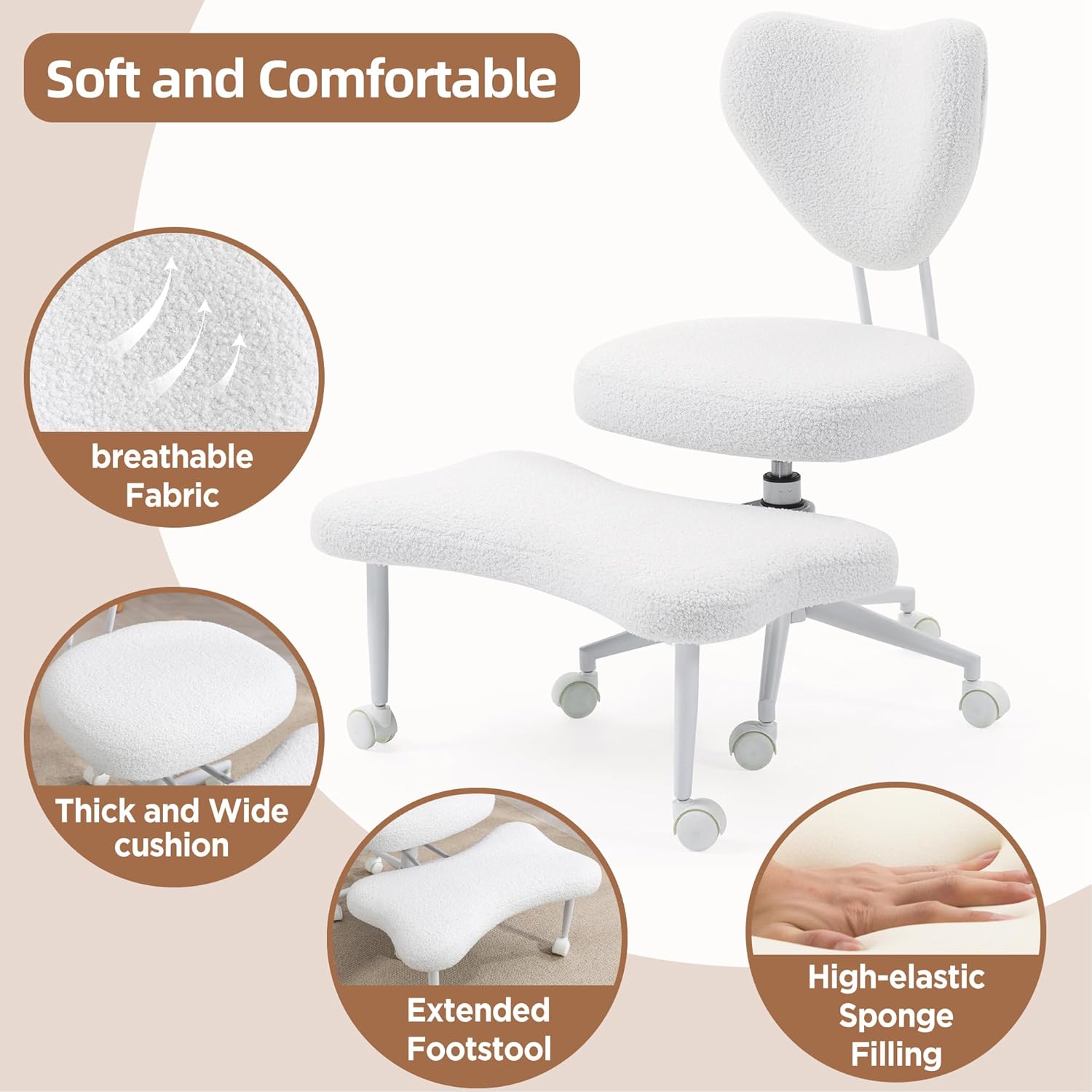 Ergonomic Meditation Chair with Lumbar Support, 360° Swivel Base and Adjustable Seat Cushion, Beige Teddy Fleece Upholstered for Yoga or Office, 300 lb Capacity