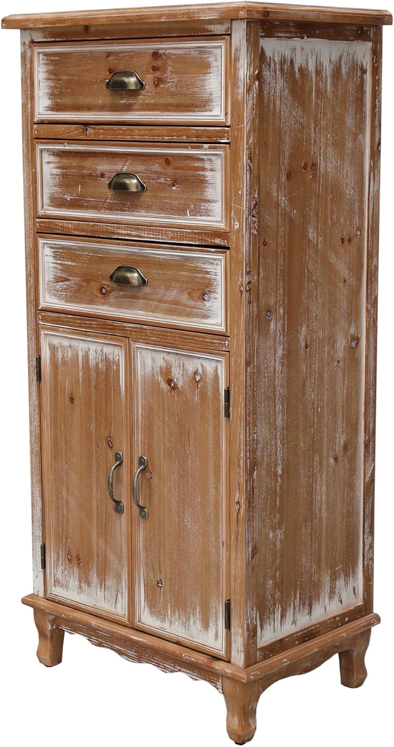 Rustic Tall Storage Cabinet - Distressed Solid Wood Frame Accent Cabinet with Textured Drawer Fronts, 3 Drawers & 2 Doors, Farmhouse Freestanding Floor Cabinet for Entryway, Living Room, Hallway
