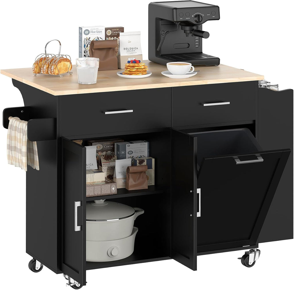 Bigbiglife Kitchen Island with Storage, 50.8" Rolling Kitchen Island Cart with Drop Leaf & Storage - Mobile Kitchen Organizer with Wheels, Rubberwood Top, Trash Can Cabinet & Towel Rack, Black