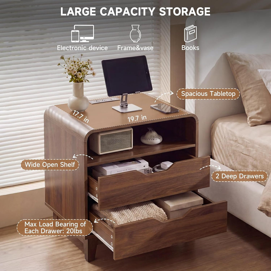 Nightstands Set of 2 with Charging Station, Mid Century Modern Night Stands with LED Light, 23.6" Wide Wood Bed Side Tables Bedroom, Large Bedside Table, Curved End Table with 2 Drawers| Walnut