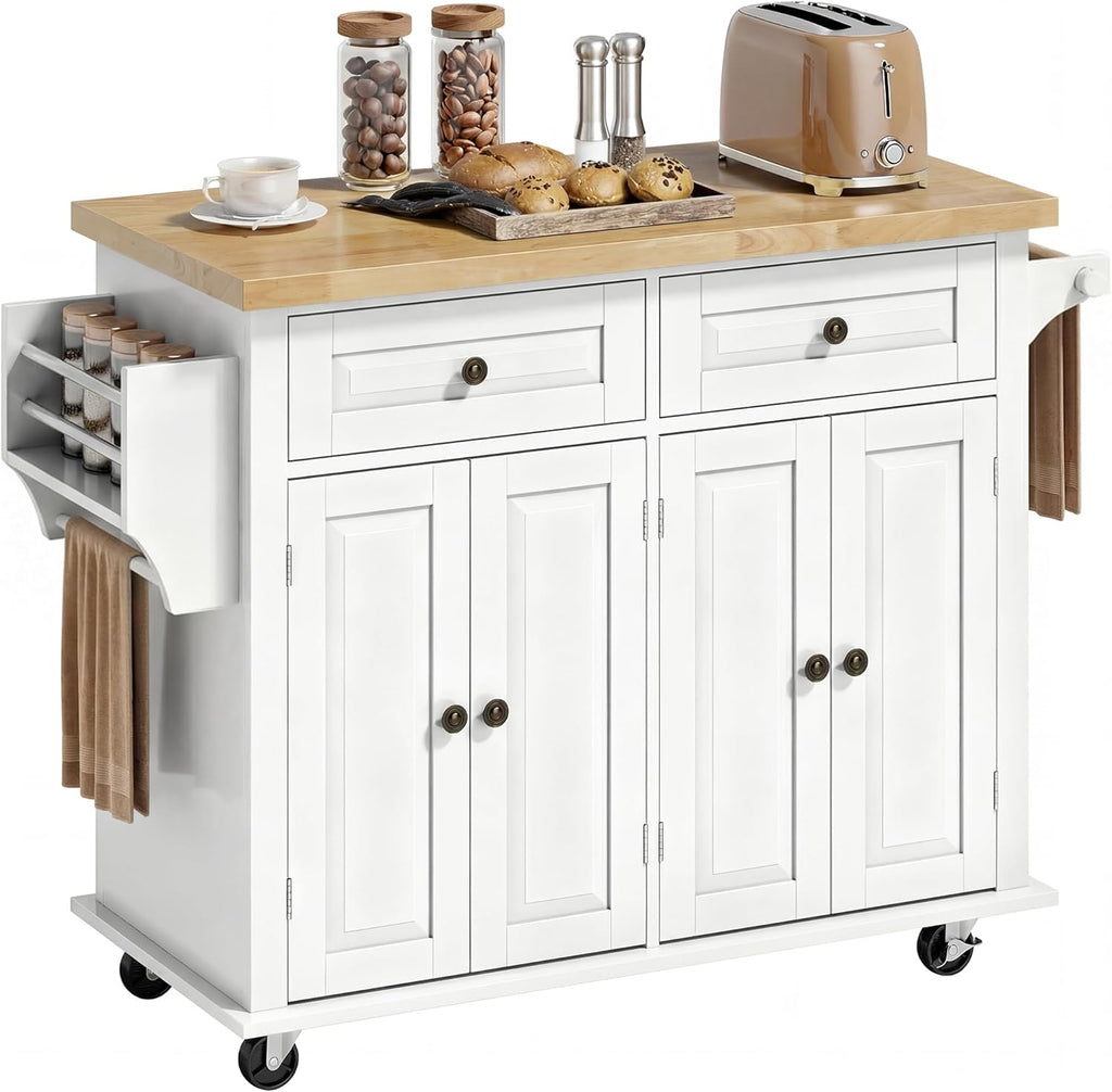 HOMCOM Kitchen Island Cart with Solid Wood Top, 44" Mobile Kitchen Island Table on Wheels with Storage Cabinets, 2 Drawers, Adjustable Shelves, Spice Rack & Towel Bar for Dining Room, White
