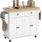 HOMCOM Kitchen Island Cart with Solid Wood Top, 44" Mobile Kitchen Island Table on Wheels with Storage Cabinets, 2 Drawers, Adjustable Shelves, Spice Rack & Towel Bar for Dining Room, White