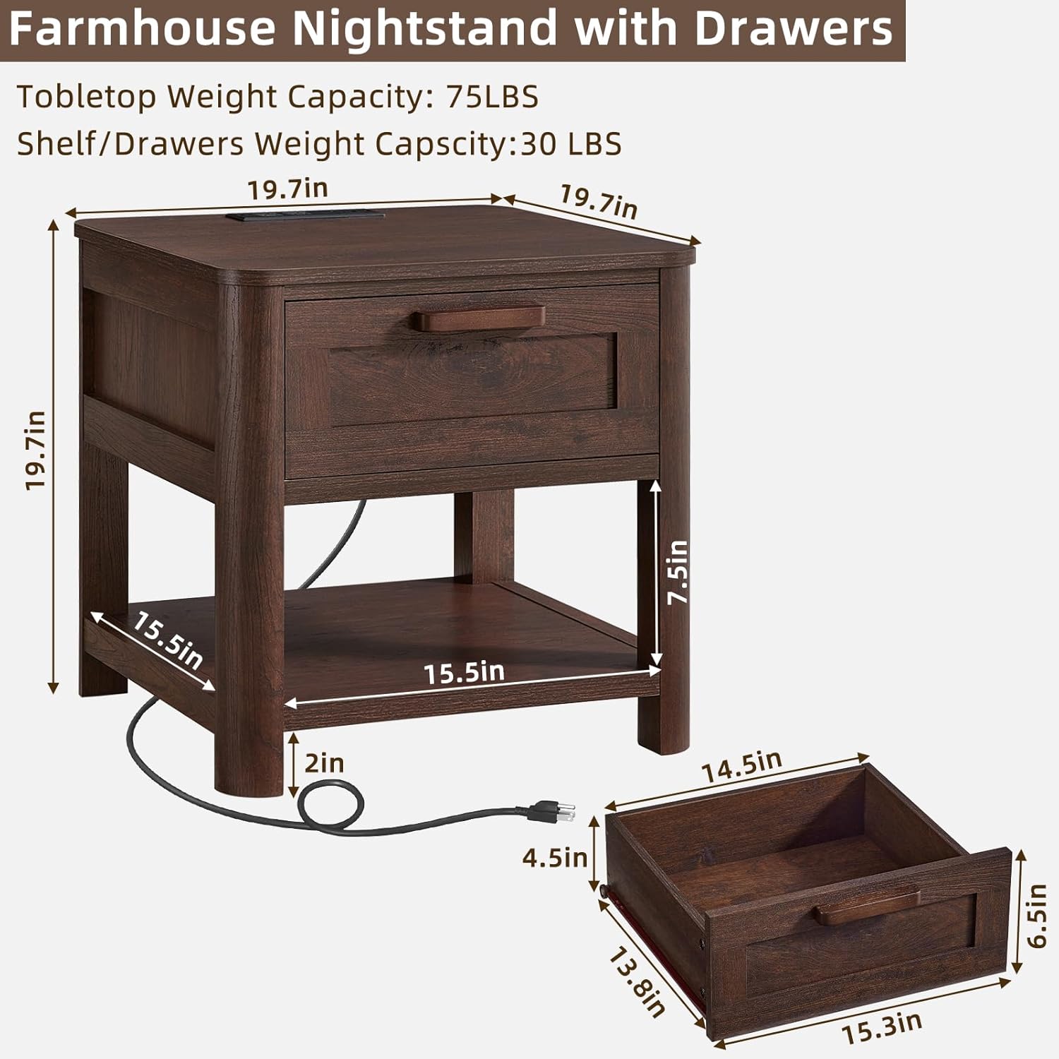 Joaxswe Farmhouse Side Tables Living Room, Small Nightstand with 1 Drawers & Open Shelving & 4 Thickened Table Legs, Walnut
