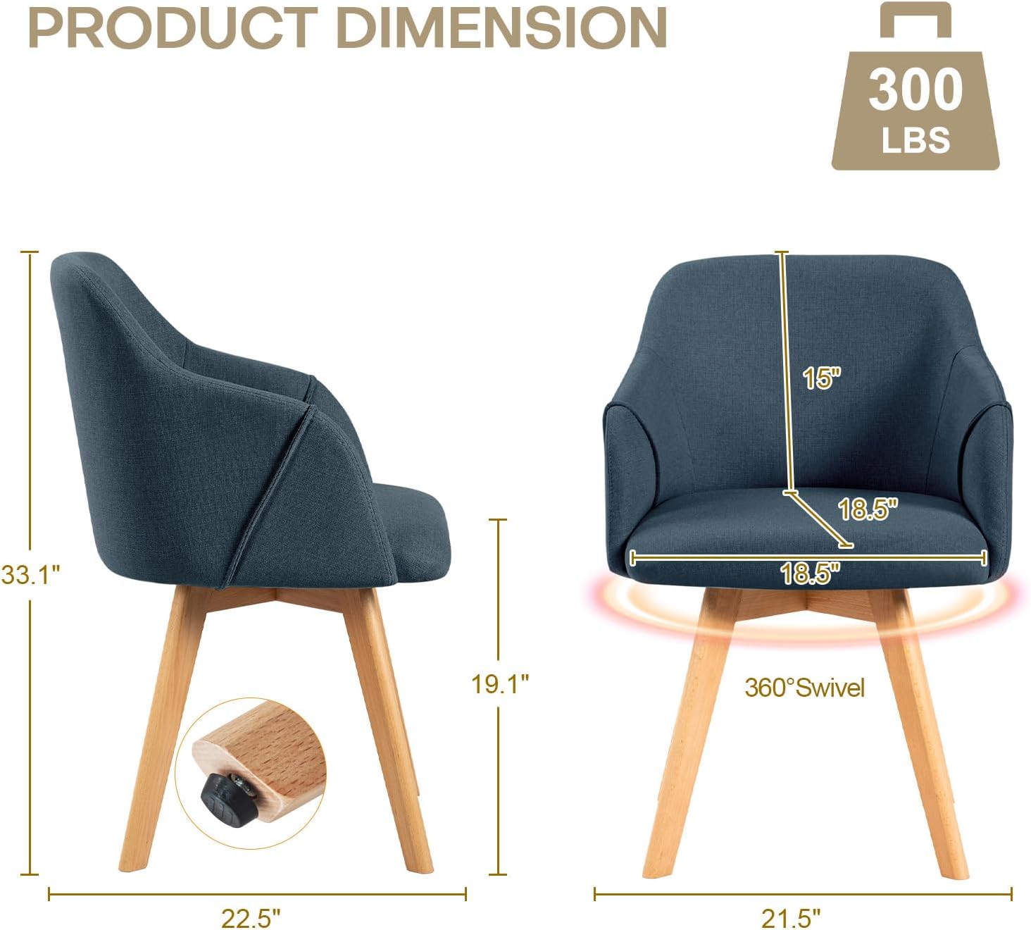 Swivel Dining Chairs Set of 2, Mid Century Modern Dining Chairs with Arms and Wood Legs, Linen Fabric Upholstered Kitchen Chairs for Dining Room Living Room, Comfortable Widen Seat, Blue