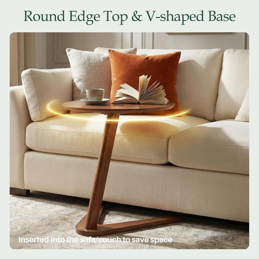 C-Shaped End Table for Couch - Solid Wood C Table for Sofa, Small Round Wooden Handmade Couch Tables That Slide Under Bedside Tray Side Tables for Living Room, Bedroom, Small Space, 19.7"