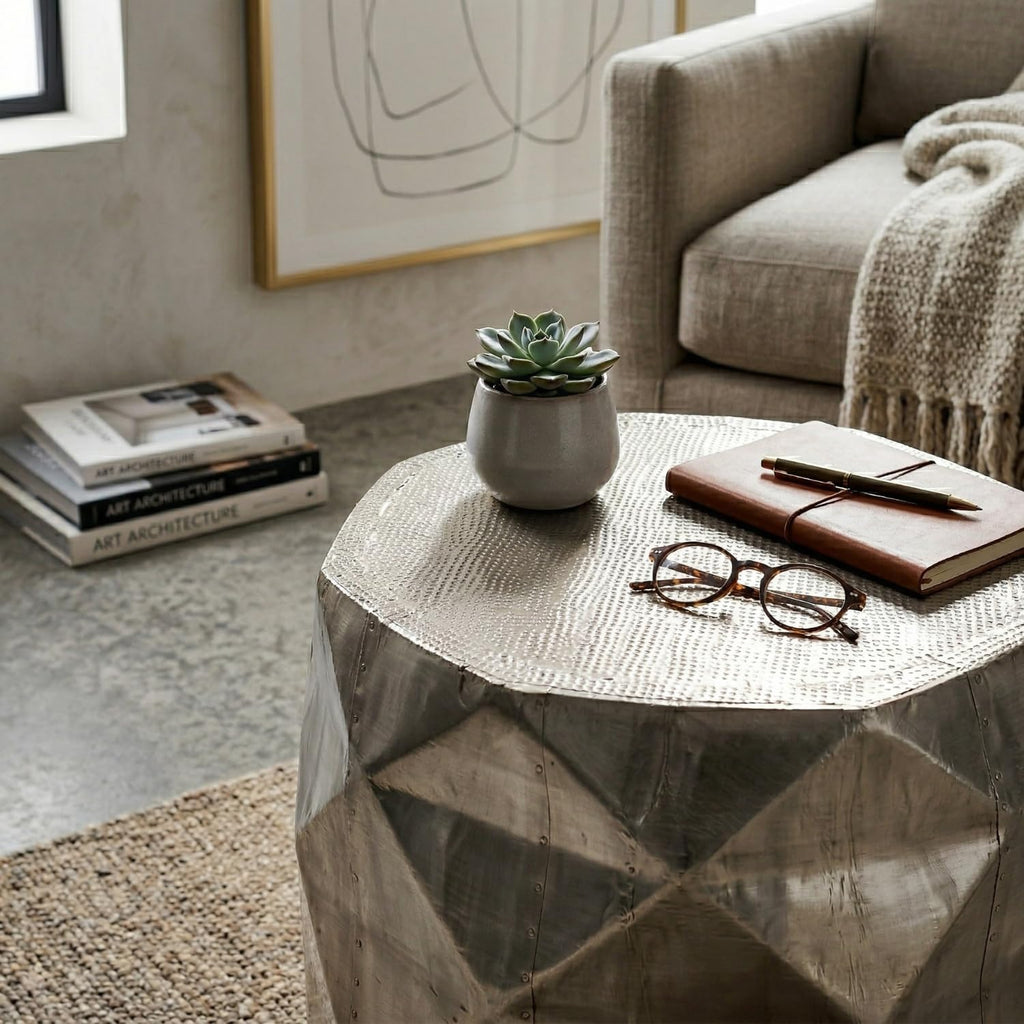 Hives & Honey Anna Side Table, Geometric Mango Wood Accent Table, Modern Rhombus Design, Antiqued Foil Finish, Multi-Use as End Table, Vanity Stool or Decorative Pedestal, Silver