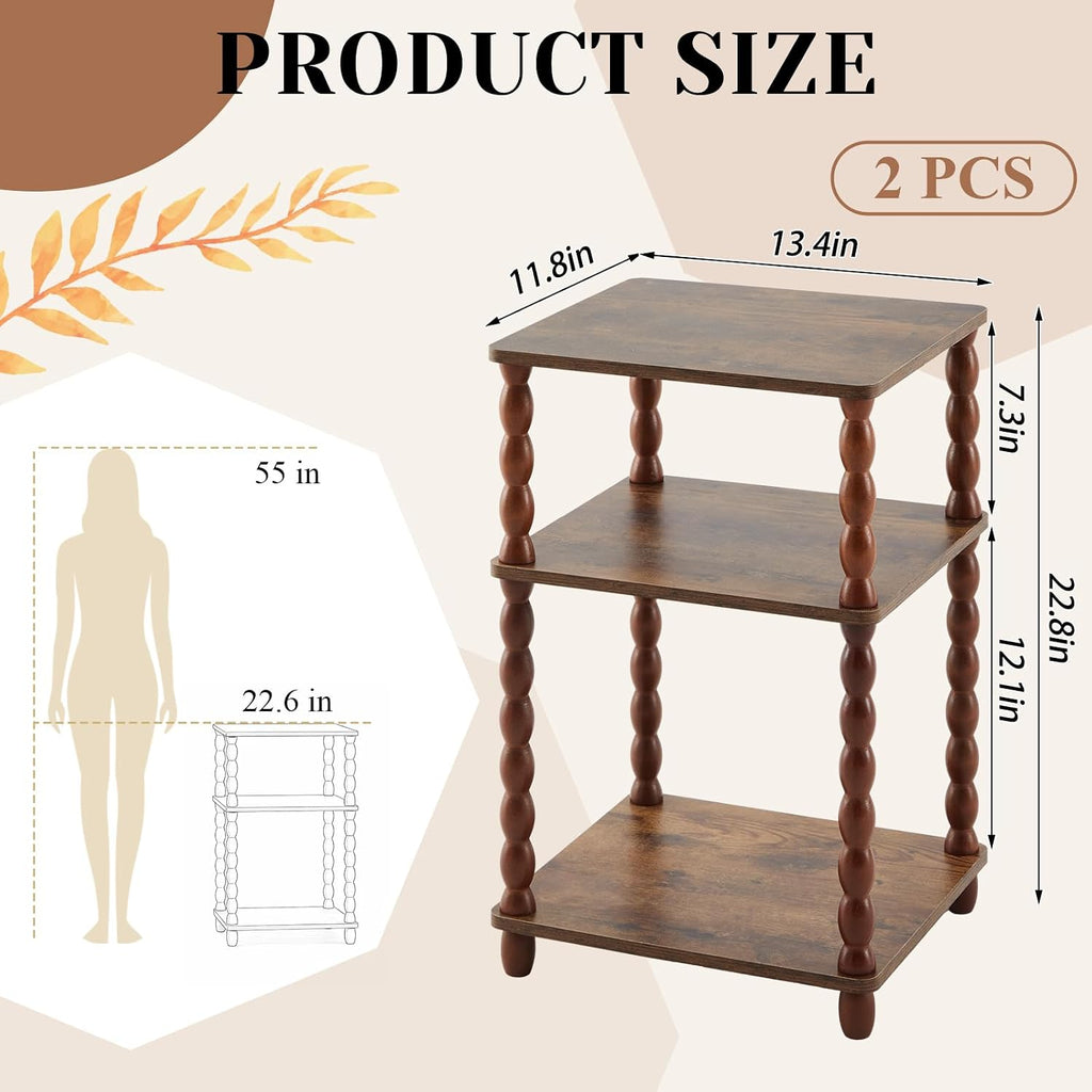 Set of 2 Side Tables 3-Tier Small End Table with Storage Shelf, Modern Bedside Nightstand for Living Room, Bedroom, Office and Small Spaces(Square,Rustic Brown)